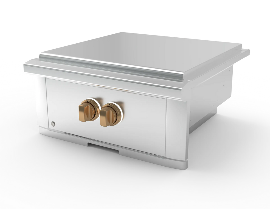 Wildfire Ranch Pro power burner in stainless steel with brushed bronze Designer Finish knobs, angled view