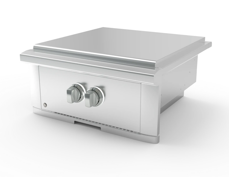 Wildfire Ranch Pro power burner in stainless steel with brushed stainless Designer Finish knobs, angled view