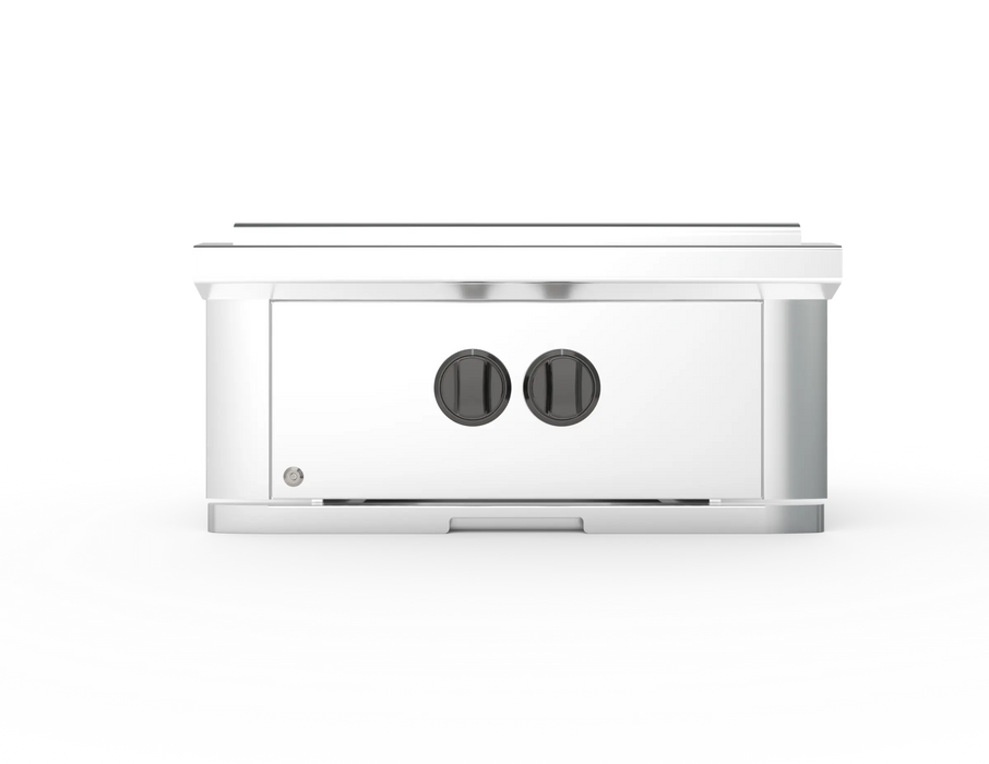 Wildfire Ranch Pro power burner in stainless steel with chrome black Designer Finish knobs, front view