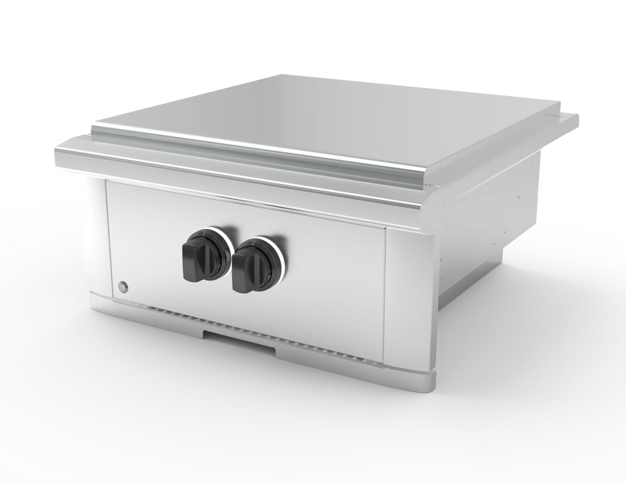 Wildfire Ranch Pro power burner in stainless steel with chrome black Designer Finish knobs, angled view
