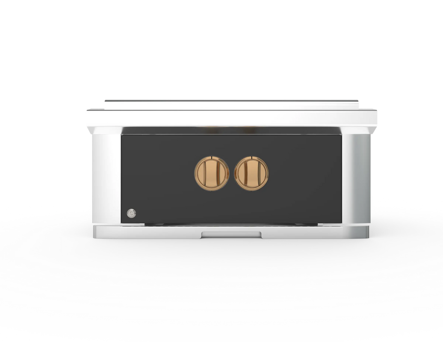 Wildfire Ranch Pro power burner in black stainless steel with brushed bronze Designer Finish knobs, front view