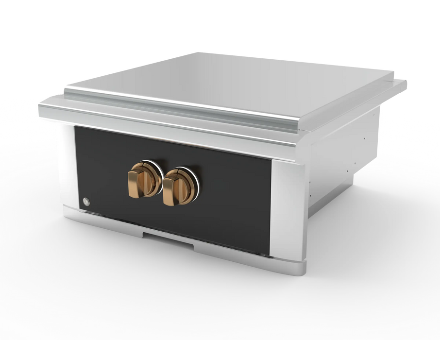 Wildfire Ranch Pro power burner in black stainless steel with brushed bronze Designer Finish knobs, angled view