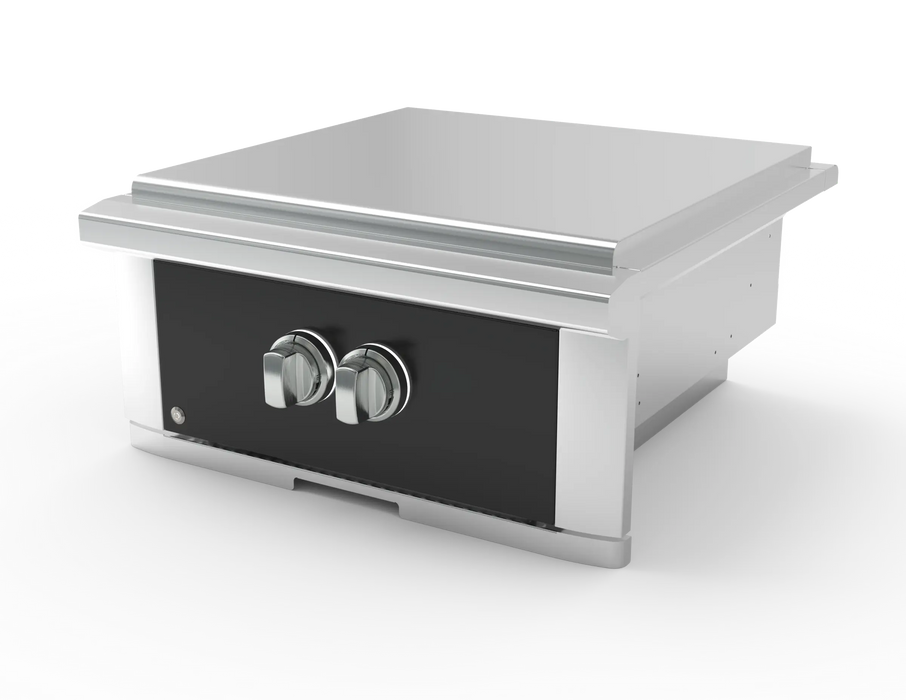 Wildfire Ranch Pro power burner in black stainless steel with brushed stainless Designer Finish knobs, angled view