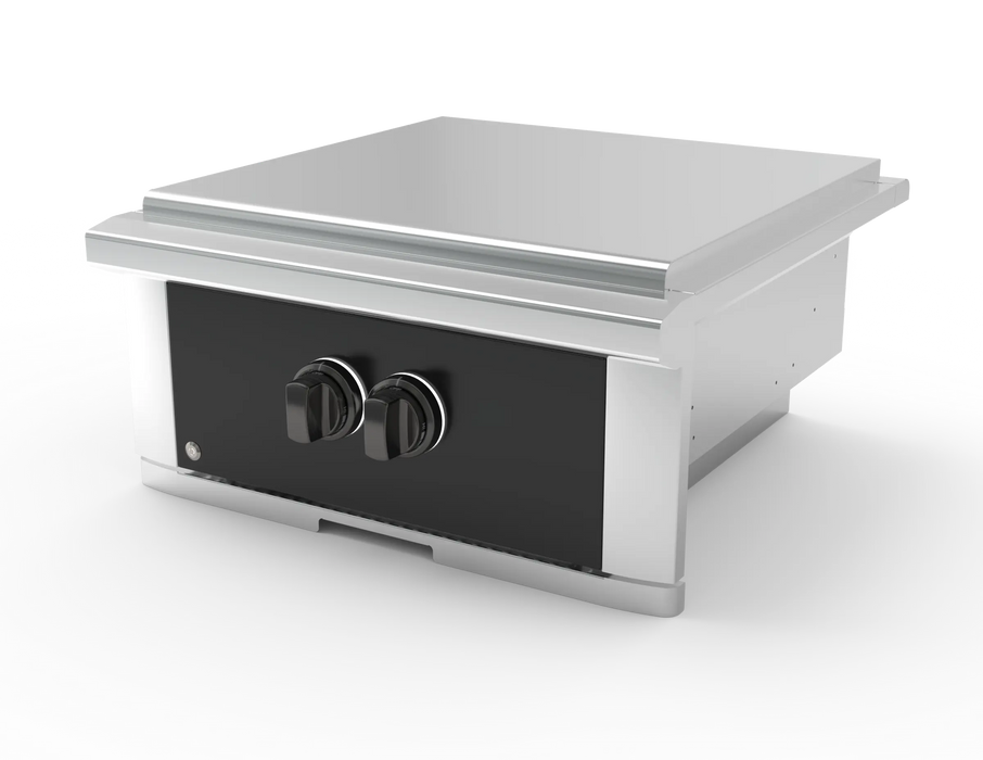 Wildfire Ranch Pro power burner in black stainless steel with chrome black Designer Finish knobs, angled view