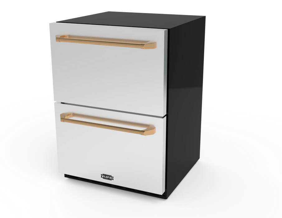 Wildfire 24" dual drawer outdoor refrigerator WFRDD24 in stainless steel with brushed bronze Designer Finish handles (RHDD-BB), angled view