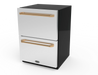 Wildfire 24" dual drawer outdoor refrigerator WFRDD24 in stainless steel with brushed bronze Designer Finish handles (RHDD-BB), angled view