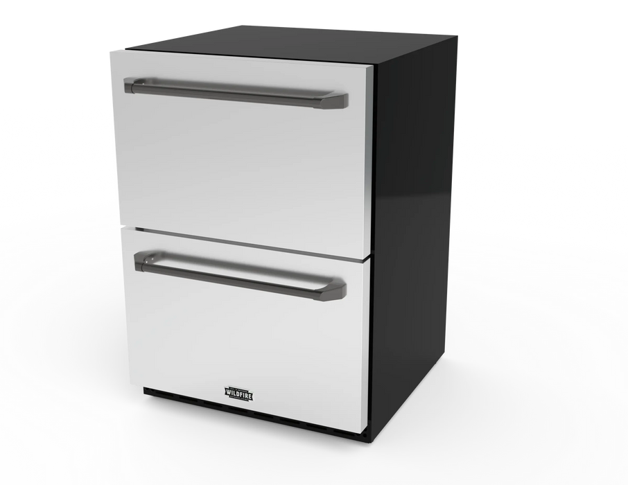 Wildfire 24" dual drawer outdoor refrigerator WFRDD24 in stainless steel with chrome black Designer Finish handles (RHDD-CB), angled view