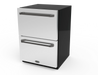Wildfire 24" dual drawer outdoor refrigerator WFRDD24 in stainless steel with chrome black Designer Finish handles (RHDD-CB), angled view