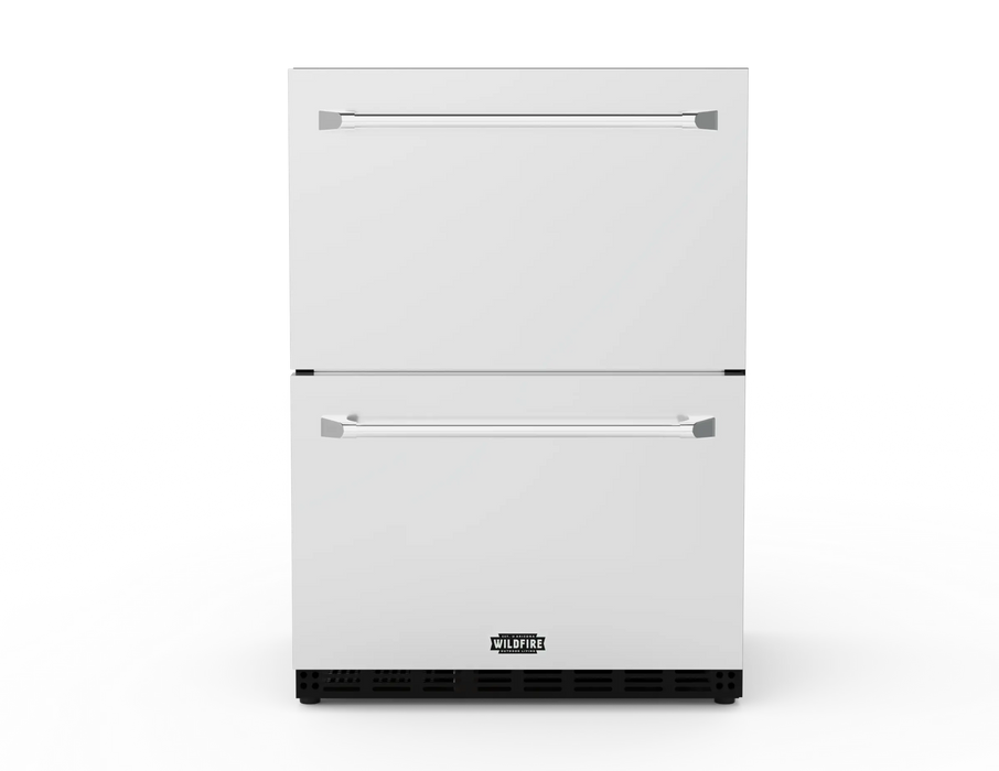 Wildfire 24" dual drawer outdoor refrigerator WFRDD24 in stainless steel with the standard handles, front view
