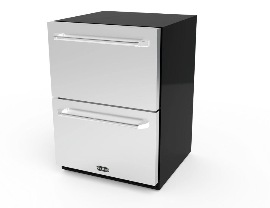 Wildfire 24" dual drawer outdoor refrigerator WFRDD24 in stainless steel with the standard handles, angled view