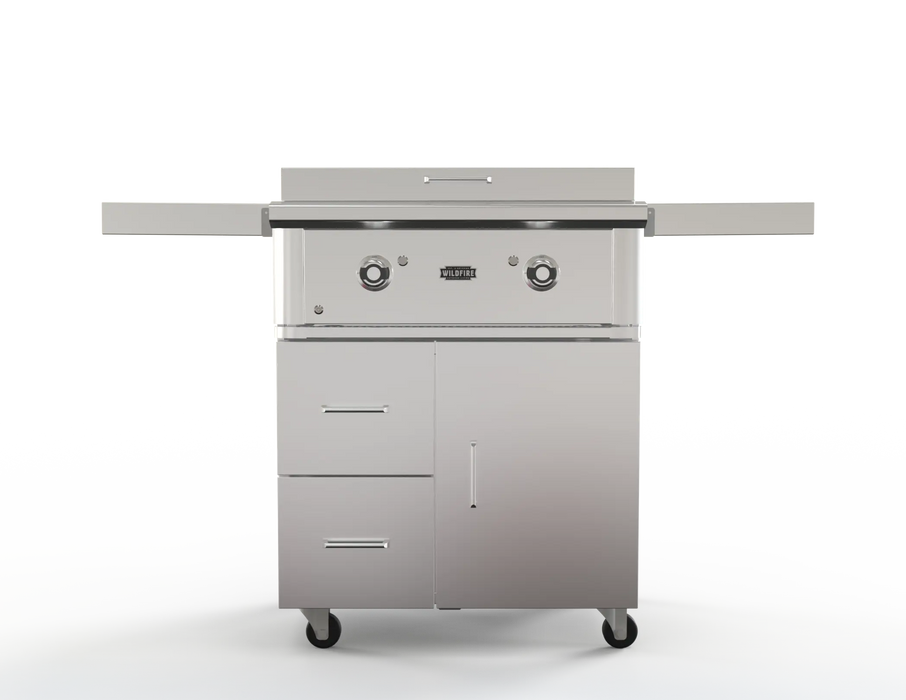 Wildfire 30" griddle cart WFCART30GRD-SS in stainless steel with a Ranch Pro griddle mounted, front view