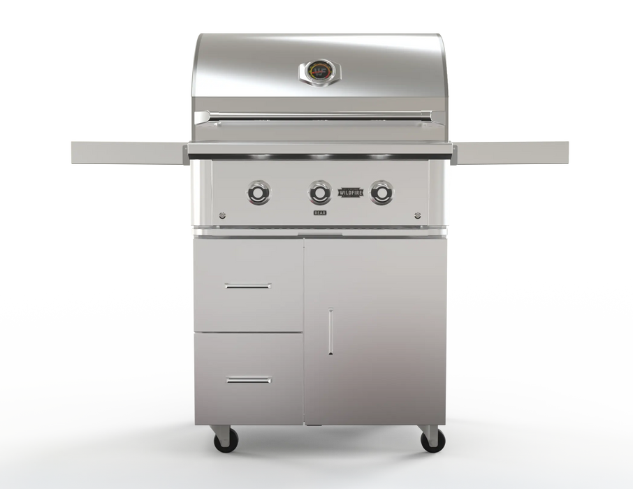 Wildfire 30" grill cart WFCART30-SS in stainless steel with a Ranch Pro grill mounted, front view