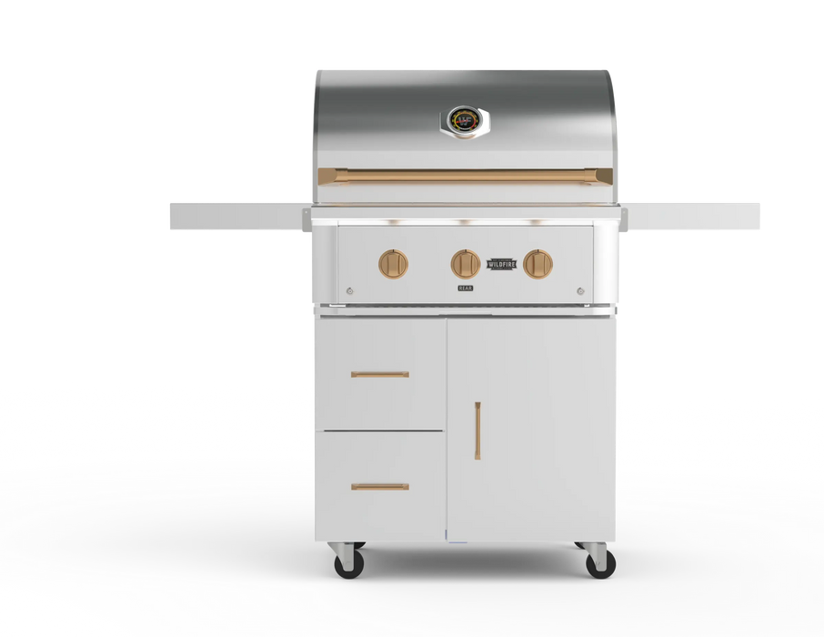 Wildfire 30" grill cart WFCART30-SS in stainless steel with a Ranch Pro grill mounted and brushed bronze Designer Finish hardware, front view