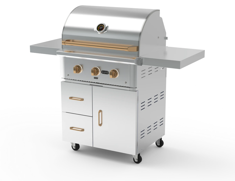 Wildfire 30" grill cart WFCART30-SS in stainless steel with a Ranch Pro grill mounted and brushed bronze Designer Finish hardware, angled view