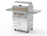 Wildfire 30" grill cart WFCART30-SS in stainless steel with a Ranch Pro grill mounted and brushed bronze Designer Finish hardware, angled view