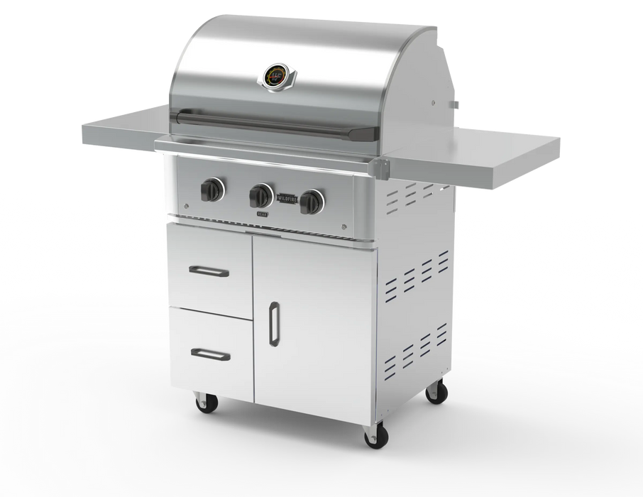 Wildfire 30" grill cart WFCART30-SS in stainless steel with a Ranch Pro grill mounted and chrome black Designer Finish hardware, angled view