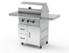 Wildfire 30" grill cart WFCART30-SS in stainless steel with a Ranch Pro grill mounted and chrome black Designer Finish hardware, angled view
