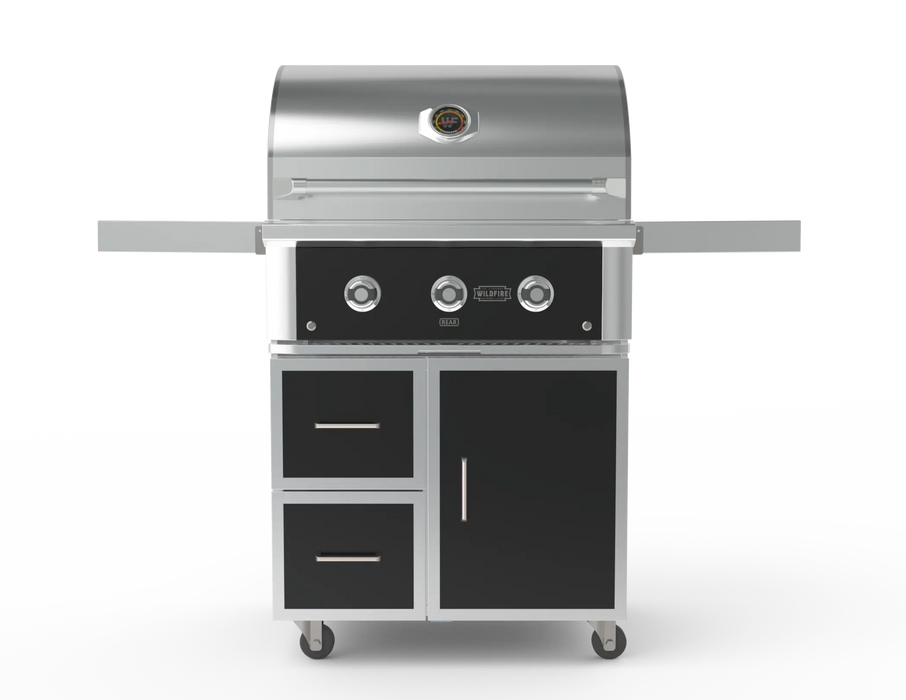 Wildfire 30" grill cart WFCART30-BSS in black stainless steel with a Ranch Pro grill mounted, front view