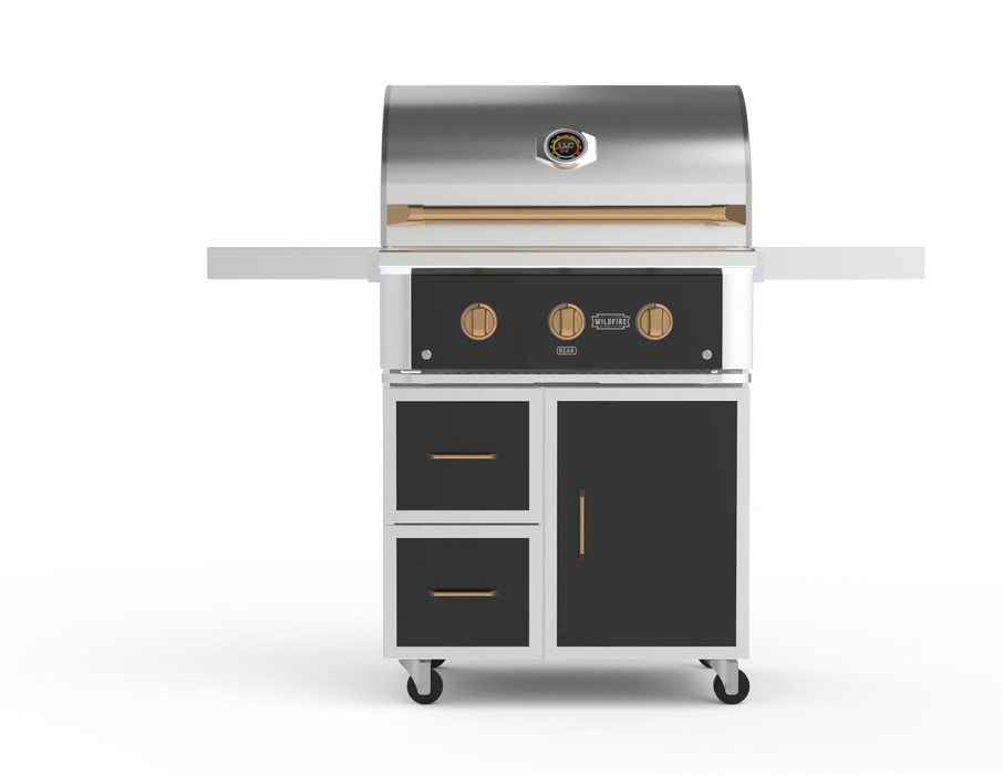 Wildfire 30" grill cart WFCART30-BSS in black stainless steel with a Ranch Pro grill mounted and brushed bronze Designer Finish hardware, front view