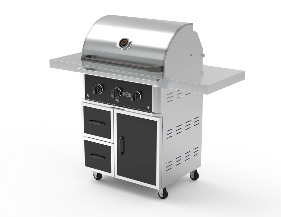 Wildfire 30" grill cart WFCART30-BSS in black stainless steel with a Ranch Pro grill mounted and chrome black Designer Finish hardware, angled view