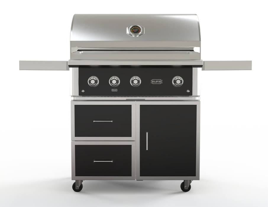 Wildfire 36" grill cart WFCART36-BSS in black stainless steel with a Ranch Pro grill mounted, front view