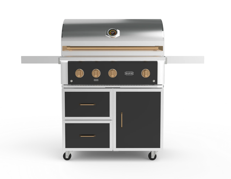 Wildfire 36" grill cart WFCART36-BSS in black stainless steel with a Ranch Pro grill mounted and brushed bronze Designer Finish hardware, front view