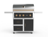 Wildfire 36" grill cart WFCART36-BSS in black stainless steel with a Ranch Pro grill mounted and brushed bronze Designer Finish hardware, front view