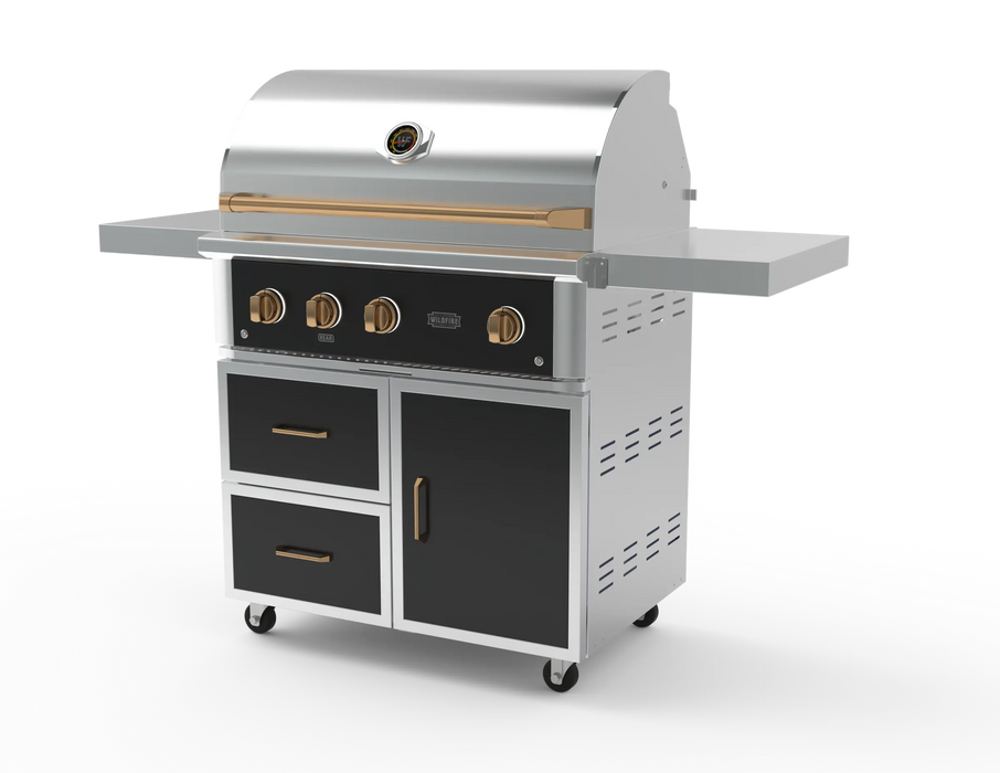 Wildfire 36" grill cart WFCART36-BSS in black stainless steel with a Ranch Pro grill mounted and brushed bronze Designer Finish hardware, angled view