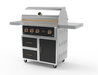 Wildfire 36" grill cart WFCART36-BSS in black stainless steel with a Ranch Pro grill mounted and brushed bronze Designer Finish hardware, angled view