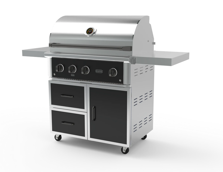 Wildfire 36" grill cart WFCART36-BSS in black stainless steel with a Ranch Pro grill mounted and chrome black Designer Finish hardware, angled view