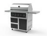 Wildfire 36" grill cart WFCART36-BSS in black stainless steel with a Ranch Pro grill mounted and chrome black Designer Finish hardware, angled view