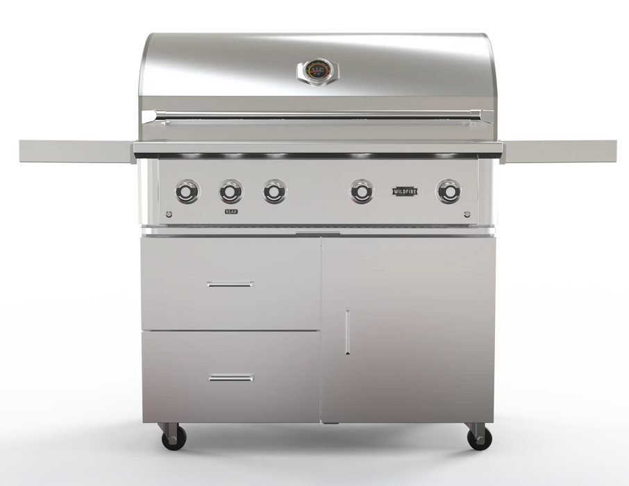 Wildfire 42" grill cart WFCART42-SS in stainless steel with a Ranch Pro grill mounted, front view