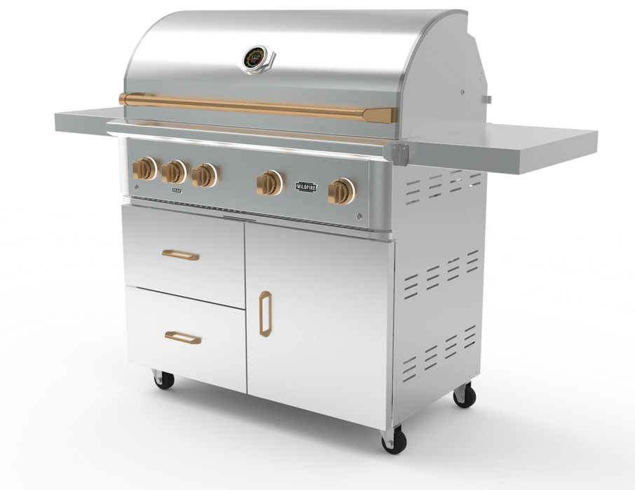 Wildfire 42" grill cart WFCART42-SS in stainless steel with a Ranch Pro grill mounted and brushed bronze Designer Finish hardware, angled view