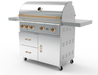Wildfire 42" grill cart WFCART42-SS in stainless steel with a Ranch Pro grill mounted and brushed bronze Designer Finish hardware, angled view
