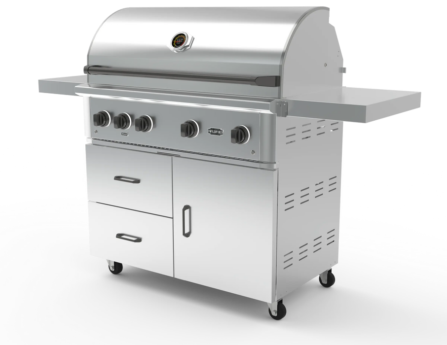 Wildfire 42" grill cart WFCART42-SS in stainless steel with a Ranch Pro grill mounted and chrome black Designer Finish hardware, angled view