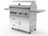 Wildfire 42" grill cart WFCART42-SS in stainless steel with a Ranch Pro grill mounted and chrome black Designer Finish hardware, angled view