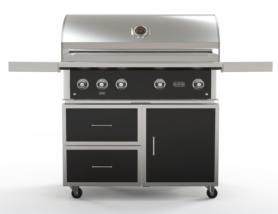 Wildfire 42" grill cart WFCART42-BSS in black stainless steel with a Ranch Pro grill mounted, front view
