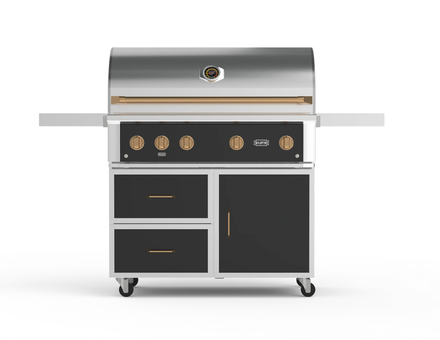 Wildfire 42" grill cart WFCART42-BSS in black stainless steel with a Ranch Pro grill mounted and brushed bronze Designer Finish hardware, front view