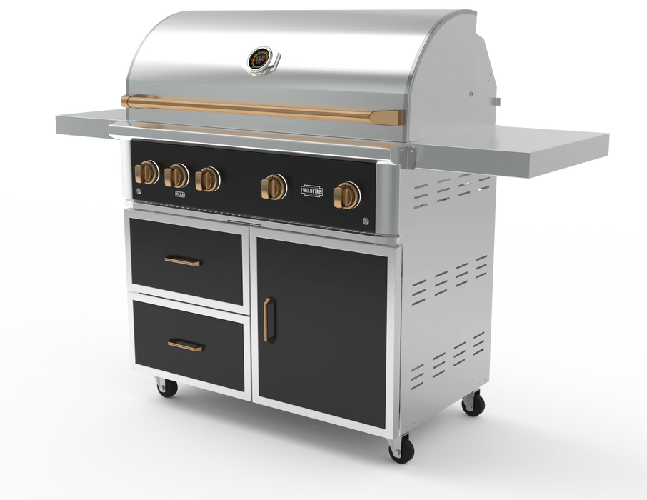 Wildfire 42" grill cart WFCART42-BSS in black stainless steel with a Ranch Pro grill mounted and brushed bronze Designer Finish hardware, angled view