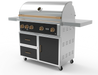 Wildfire 42" grill cart WFCART42-BSS in black stainless steel with a Ranch Pro grill mounted and brushed bronze Designer Finish hardware, angled view