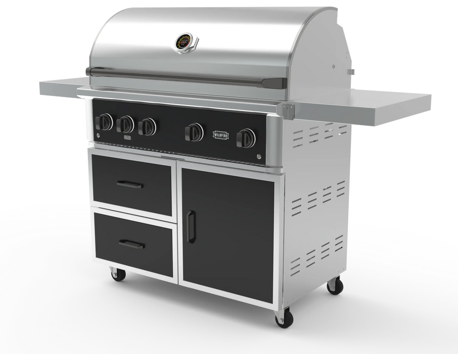 Wildfire 42" grill cart WFCART42-BSS in black stainless steel with a Ranch Pro grill mounted and chrome black Designer Finish hardware, angled view