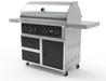 Wildfire 42" grill cart WFCART42-BSS in black stainless steel with a Ranch Pro grill mounted and chrome black Designer Finish hardware, angled view
