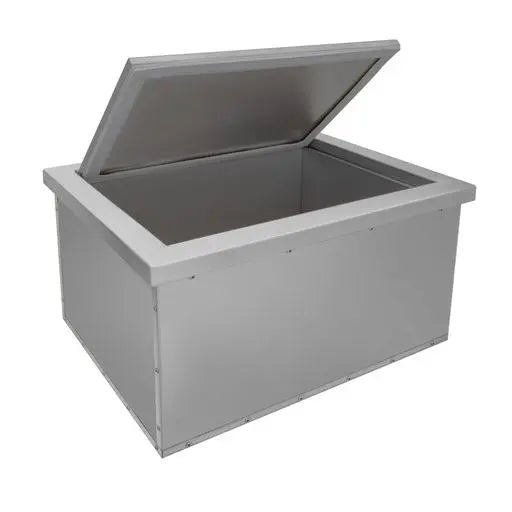 Wildfire large built-in ice chest WFLIC in stainless steel with the lid open, angled view