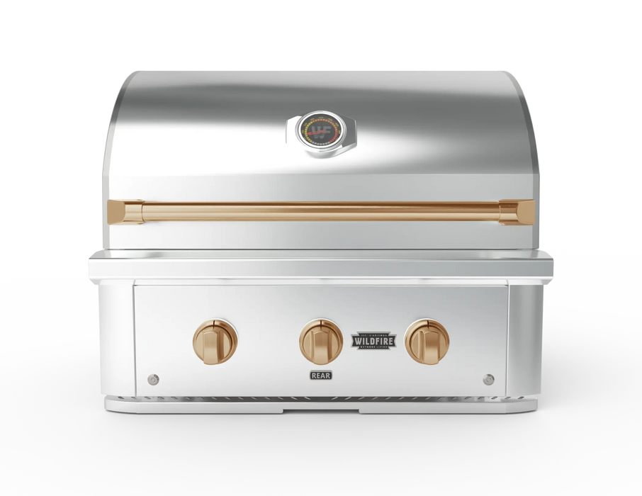 Wildfire Ranch Pro 30" gas grill in stainless steel with brushed bronze Designer Finish knobs and handle, front view