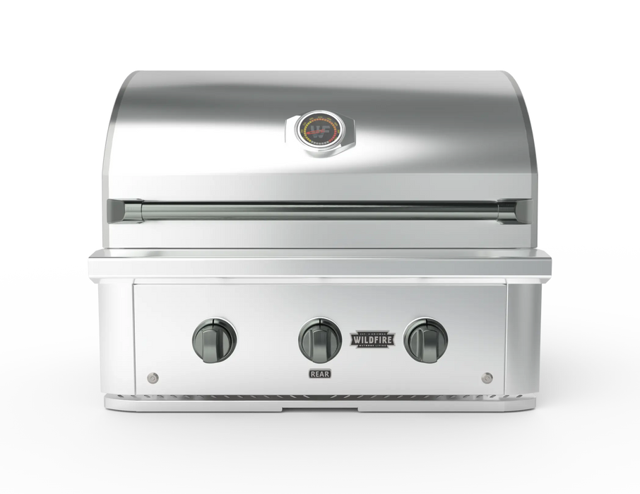 Wildfire Ranch Pro 30" gas grill in stainless steel with chrome black Designer Finish knobs and handle, front view