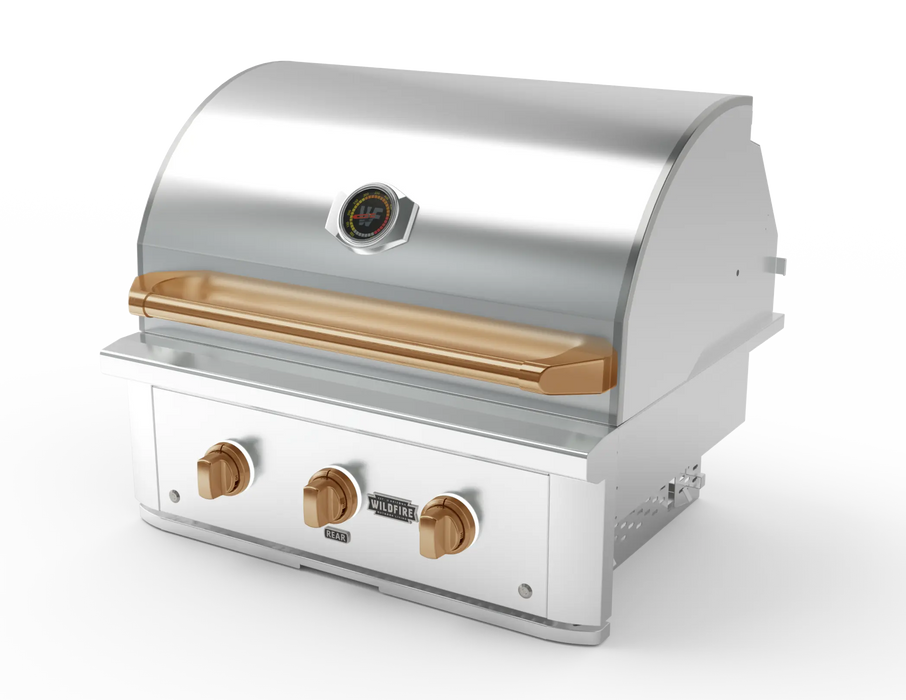 Wildfire Ranch Pro 30" gas grill in stainless steel with brushed bronze Designer Finish knobs and handle, angled view