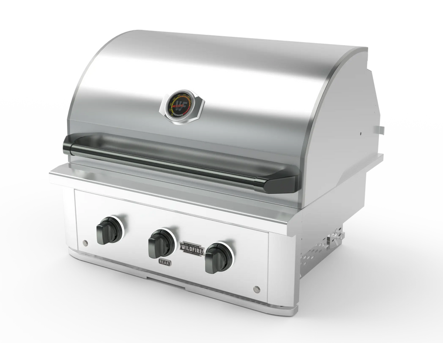 Wildfire Ranch Pro 30" gas grill in stainless steel with chrome black Designer Finish knobs and handle, angled view
