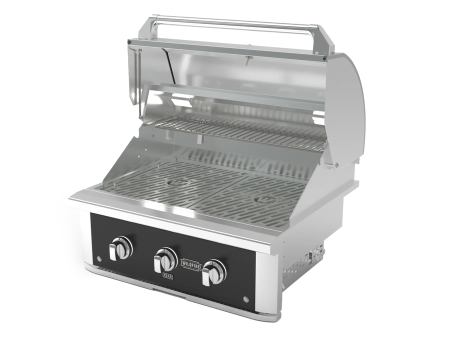 Wildfire Ranch Pro 30" gas grill in black stainless steel, angled view with the hood open