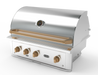 Wildfire Ranch Pro 36" gas grill in stainless steel with brushed bronze Designer Finish knobs and handle, angled view