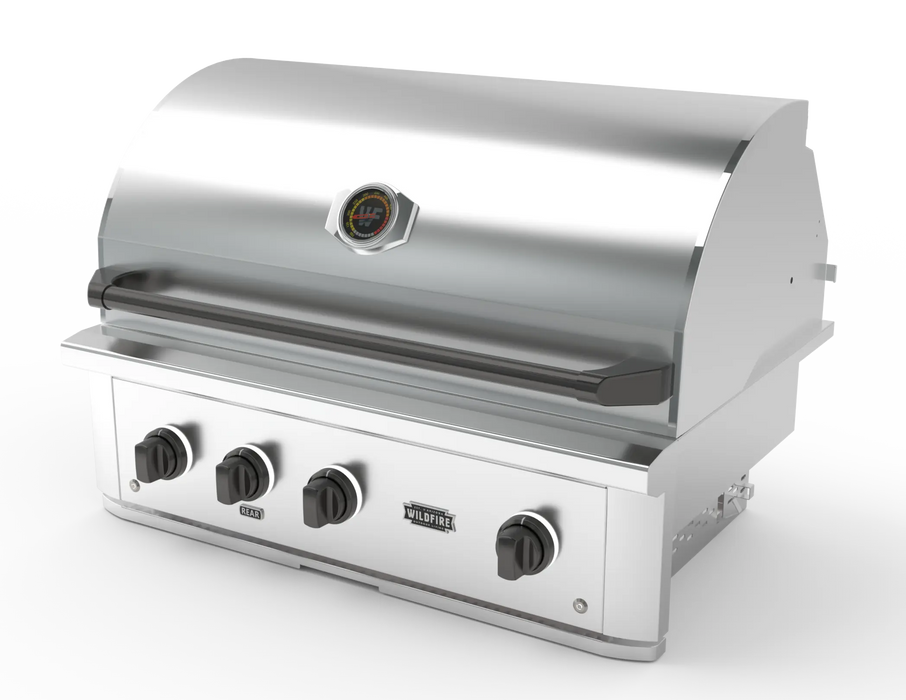 Wildfire Ranch Pro 36" gas grill in stainless steel with chrome black Designer Finish knobs and handle, angled view